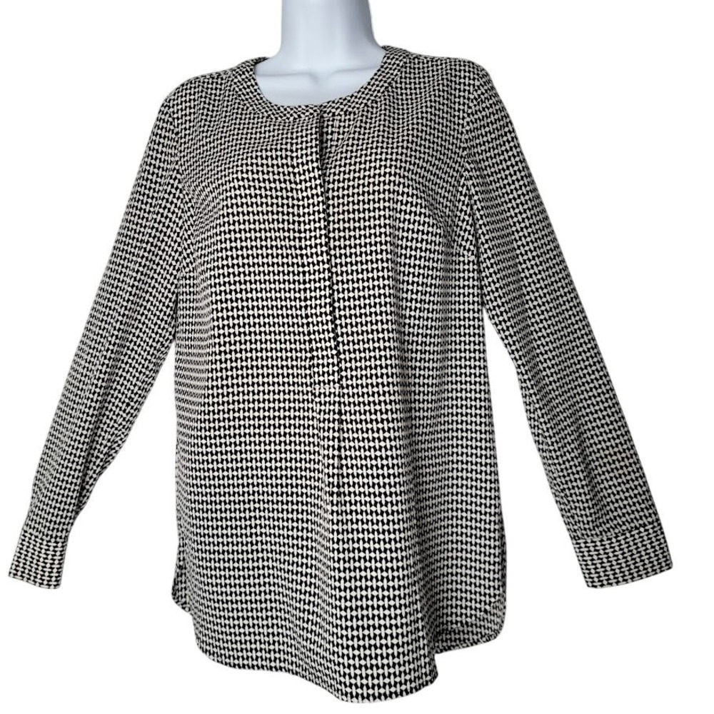 Talbots Blouse Small‎ Black White Houndstooth Long Sleeve Work Top Career Wear